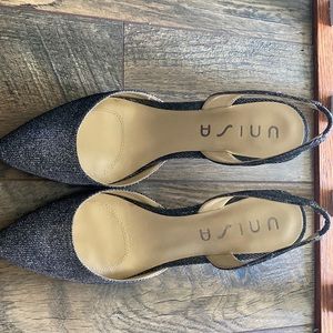 Silver kitten heel sling back shoes